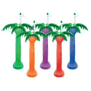 Cup 24 oz Plastic Palm Tree w/ green lid and straw (35 count)
