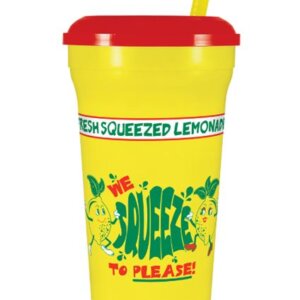 Cup 32 oz Squeeze to Please Cup w/straw yellow cup/green print/red lid (200 count)
