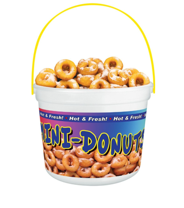 Bucket Mini Donut 48 oz 50/50 split, red & yellow handles; White bucket (130 count)