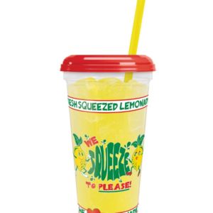 Berk 8022596 32 ounce We Squeeze To Please Lemonade Souvenir cup w/red lid & yellow straw (2oo count)