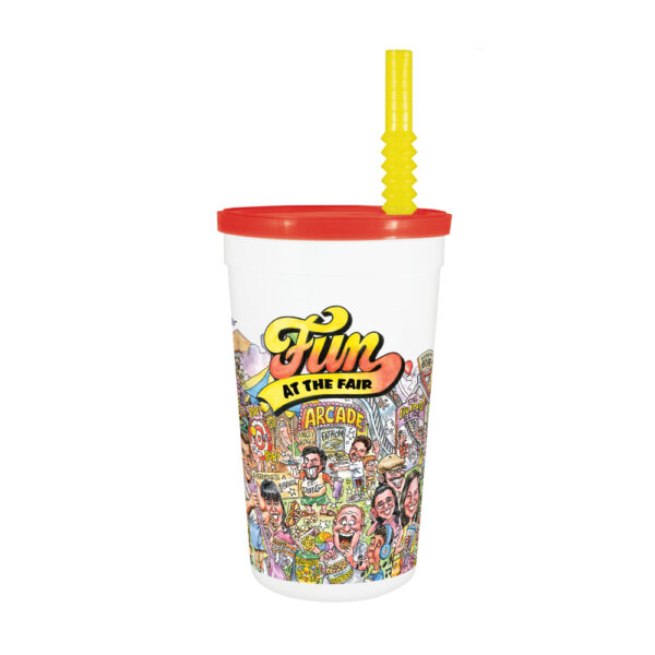BERK 8021442 16 oz. Fun At The Fair Tall Plastic White Cup Red Lid / Yellow Straw (500 count)